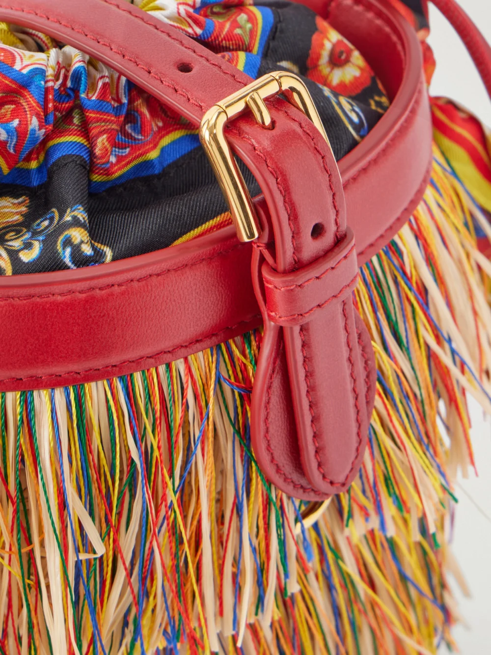 Close-up detail of the Dolce & Gabbana Capri Fringed Leather and Twill-trimmed Raffia Bucket Bag
