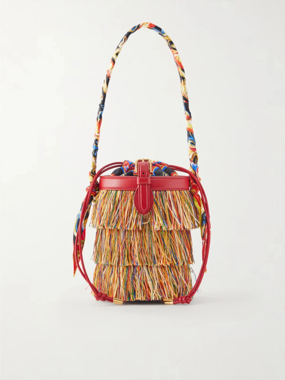 Dolce & Gabbana Capri Fringed Leather and Twill-trimmed Raffia Bucket Bag in multi