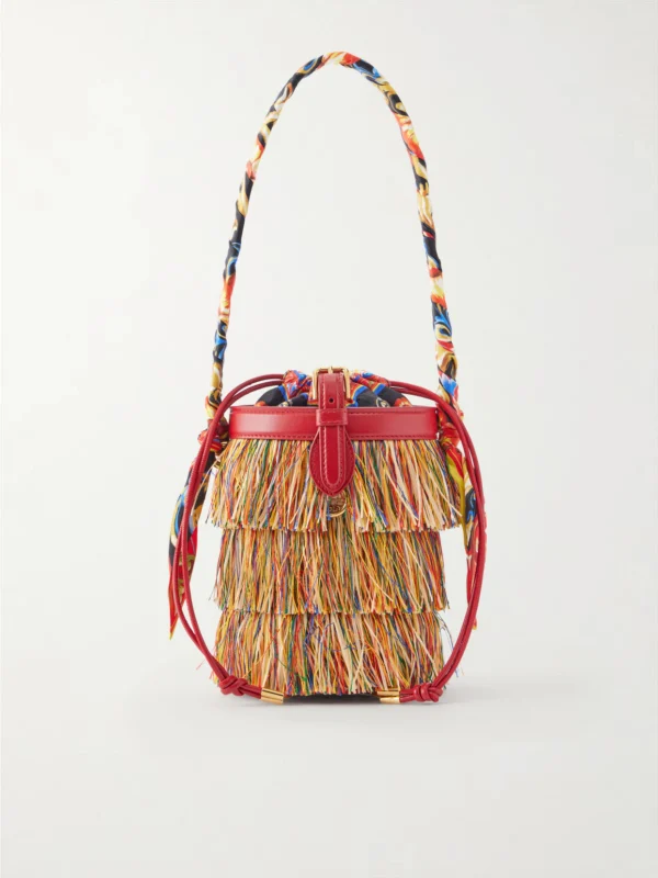 Dolce & Gabbana Capri Fringed Leather and Twill-trimmed Raffia Bucket Bag