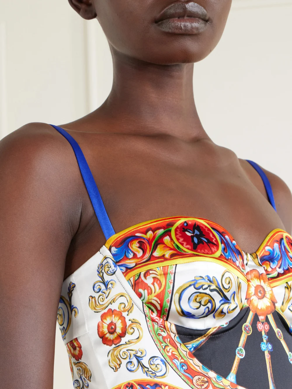 Close-up detail of the Dolce & Gabbana Caretto-print Satin Mini Dress