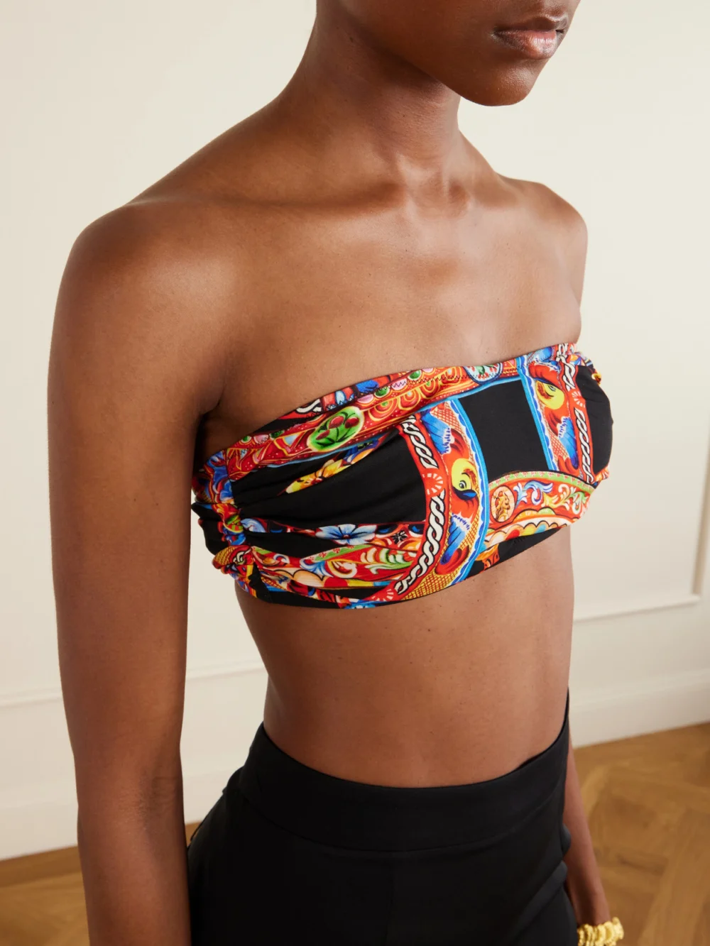 Close-up detail of the Dolce & Gabbana Carretto Printed Organza Bandeau Top