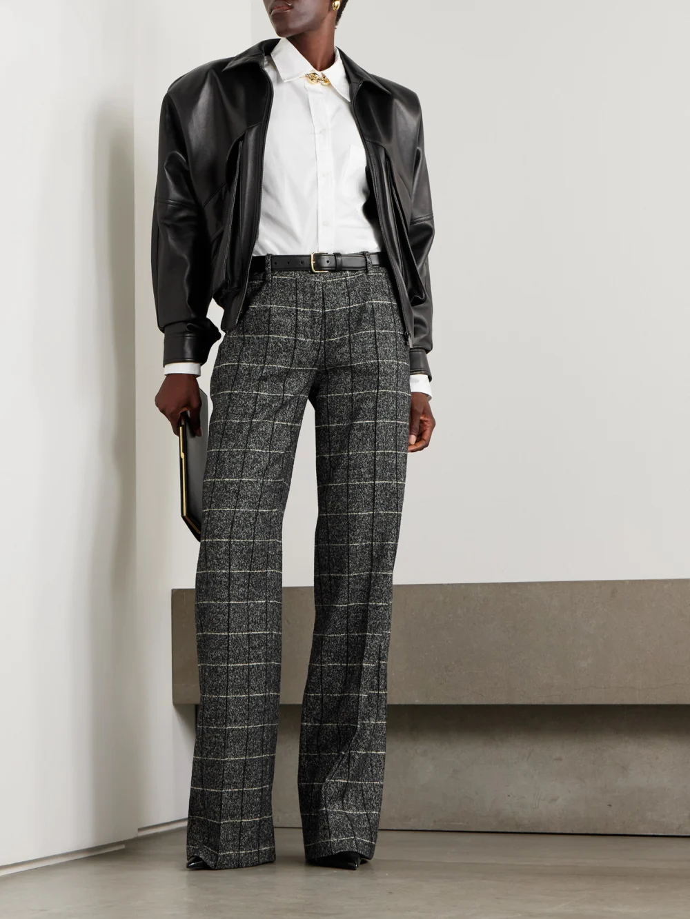 Dolce & Gabbana Checked Wool-blend Wide-leg Pants, worn by a model