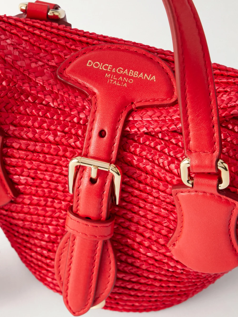 Close-up detail of the Dolce & Gabbana Coffa Capri Mini Embellished Leather-trimmed Raffia Tote
