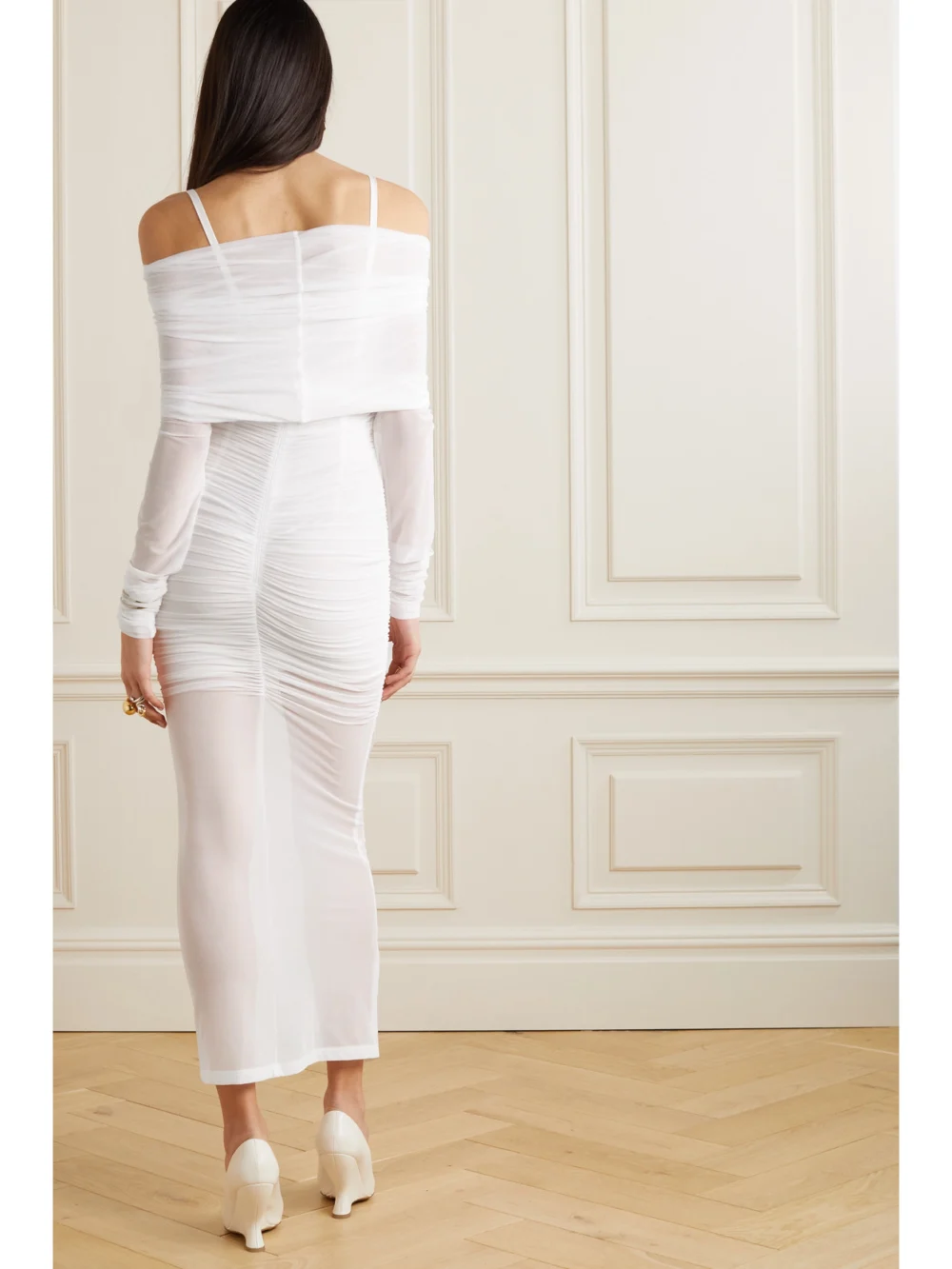 Back view of the Dolce & Gabbana Cold-shoulder Ruched Stretch-tulle Maxi Dress
