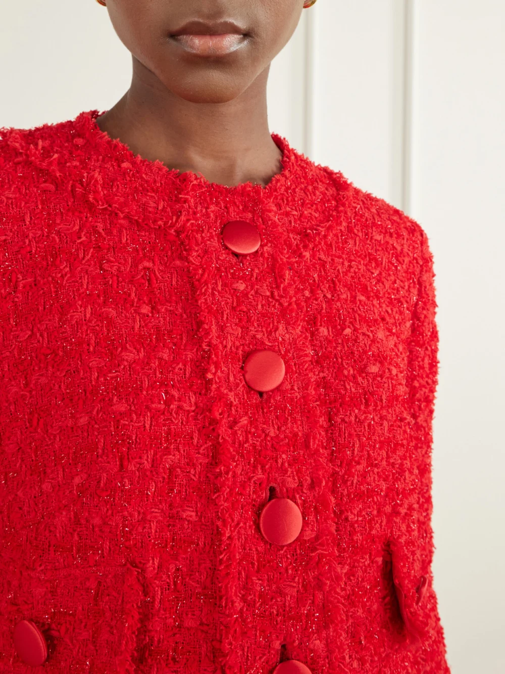 Close-up detail of the Dolce & Gabbana Cropped Frayed Cotton-blend Tweed Jacket