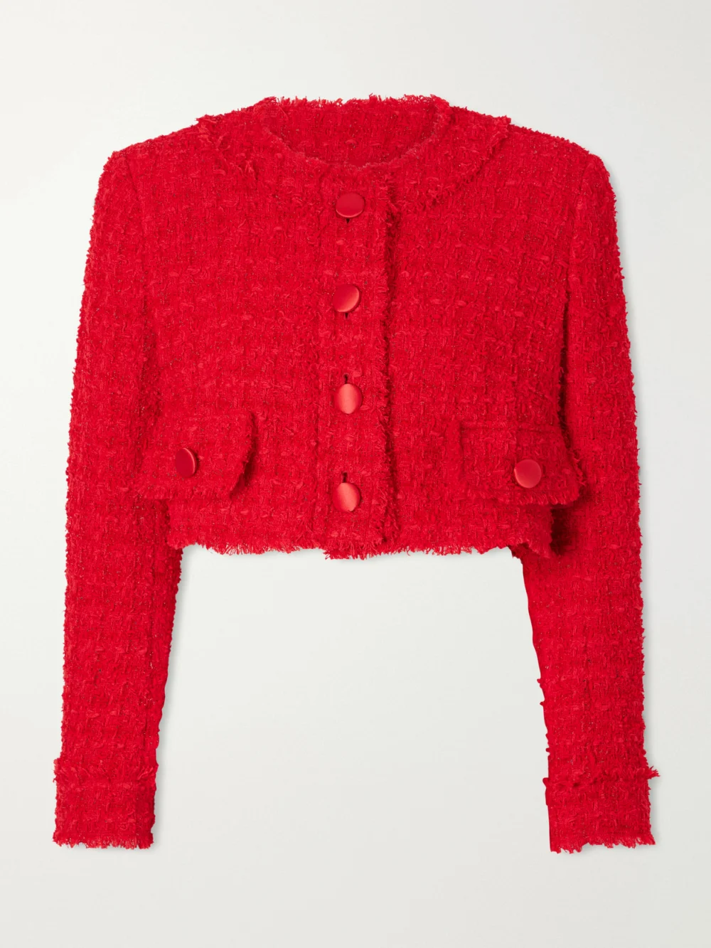 Dolce & Gabbana Cropped Frayed Cotton-blend Tweed Jacket in red