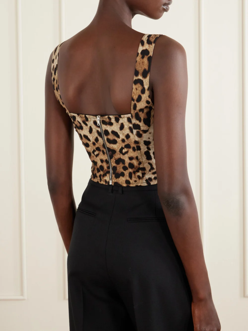 Back view of the Dolce & Gabbana Cropped Leopard-print Stretch-canvas Bustier Top