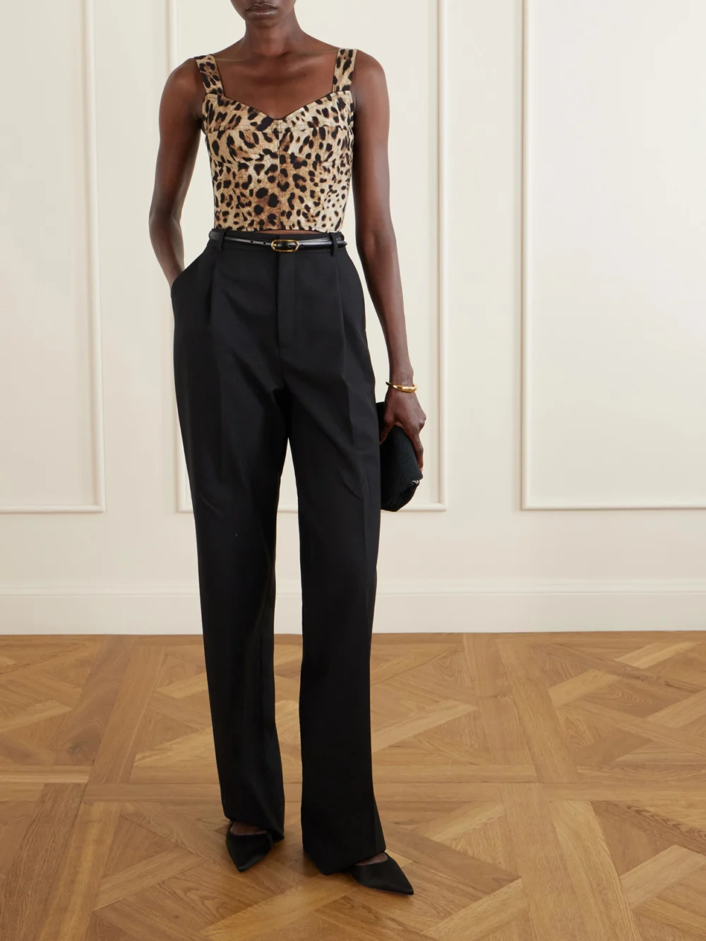 Dolce & Gabbana Cropped Leopard-print Stretch-canvas Bustier Top, worn by a model