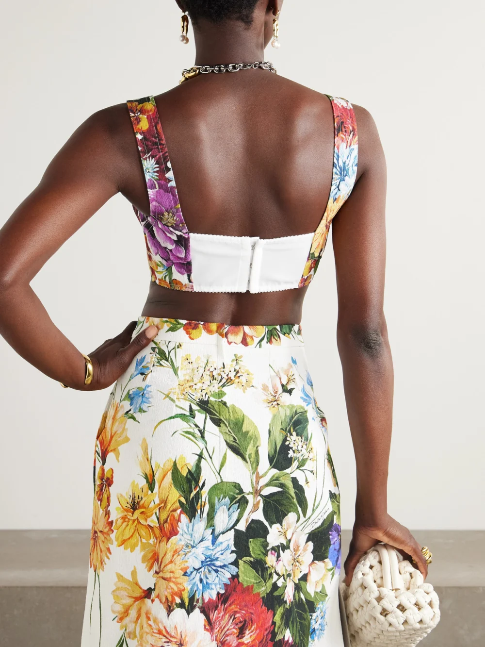 Back view of the Dolce & Gabbana Cropped Poplin-trimmed Floral-print Crepon Bustier Top