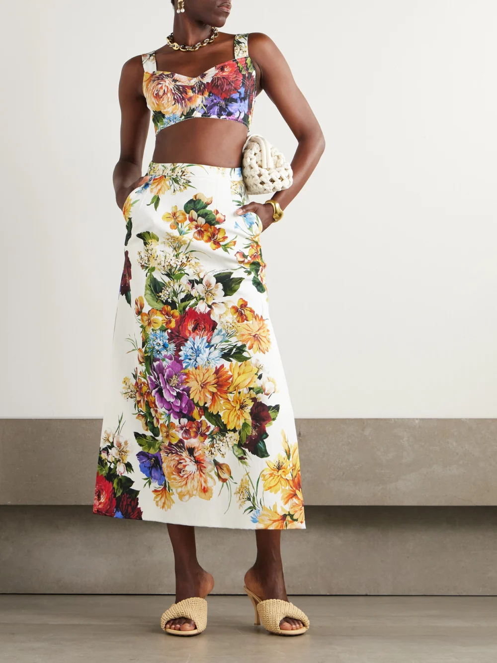Dolce & Gabbana Cropped Poplin-trimmed Floral-print Crepon Bustier Top, worn by a model