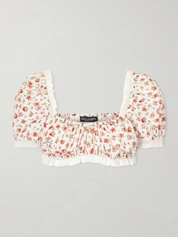 Dolce & Gabbana Cropped Printed Lace-trimmed Cotton-blend Poplin Top