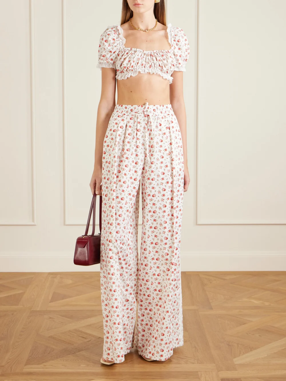 Dolce & Gabbana Cropped Printed Lace-trimmed Cotton-blend Poplin Top, worn by a model