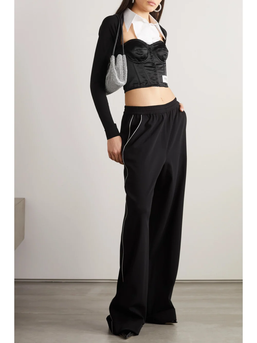 Dolce & Gabbana Cropped Satin, Stretch-jersey and Cotton-blend Poplin Top, worn by a model