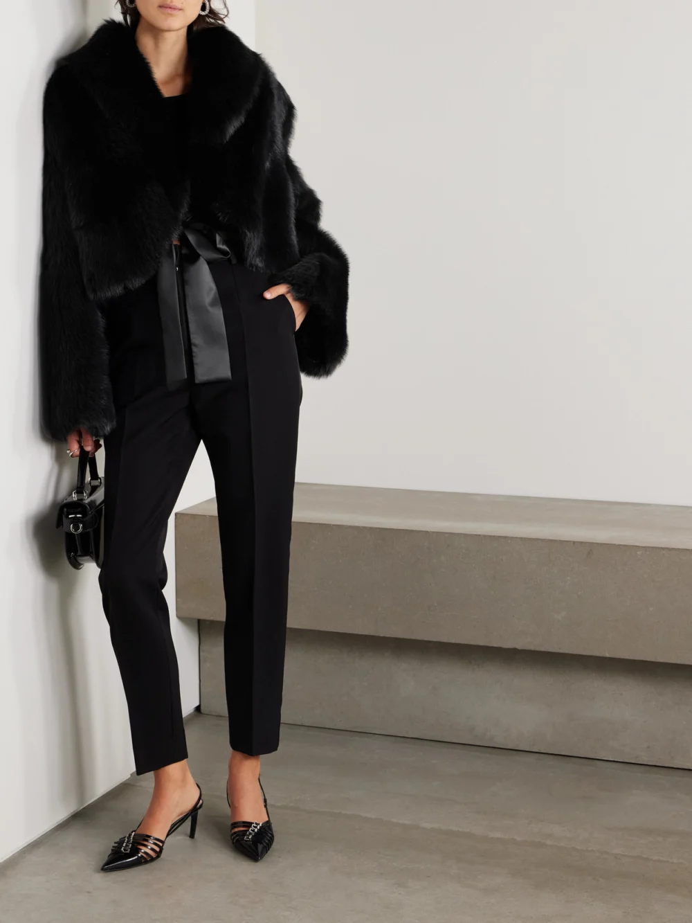 Dolce & Gabbana Cropped Satin-trimmed Shearling Jacket, worn by a model