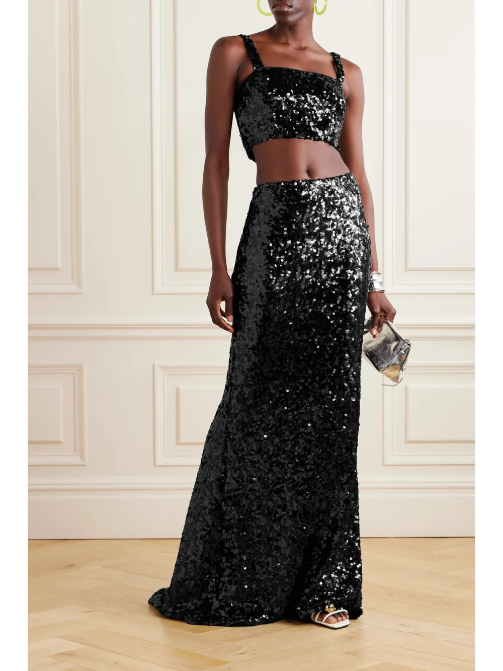 Dolce & Gabbana Cropped Sequined Stretch-tulle Bustier Top, worn by a model