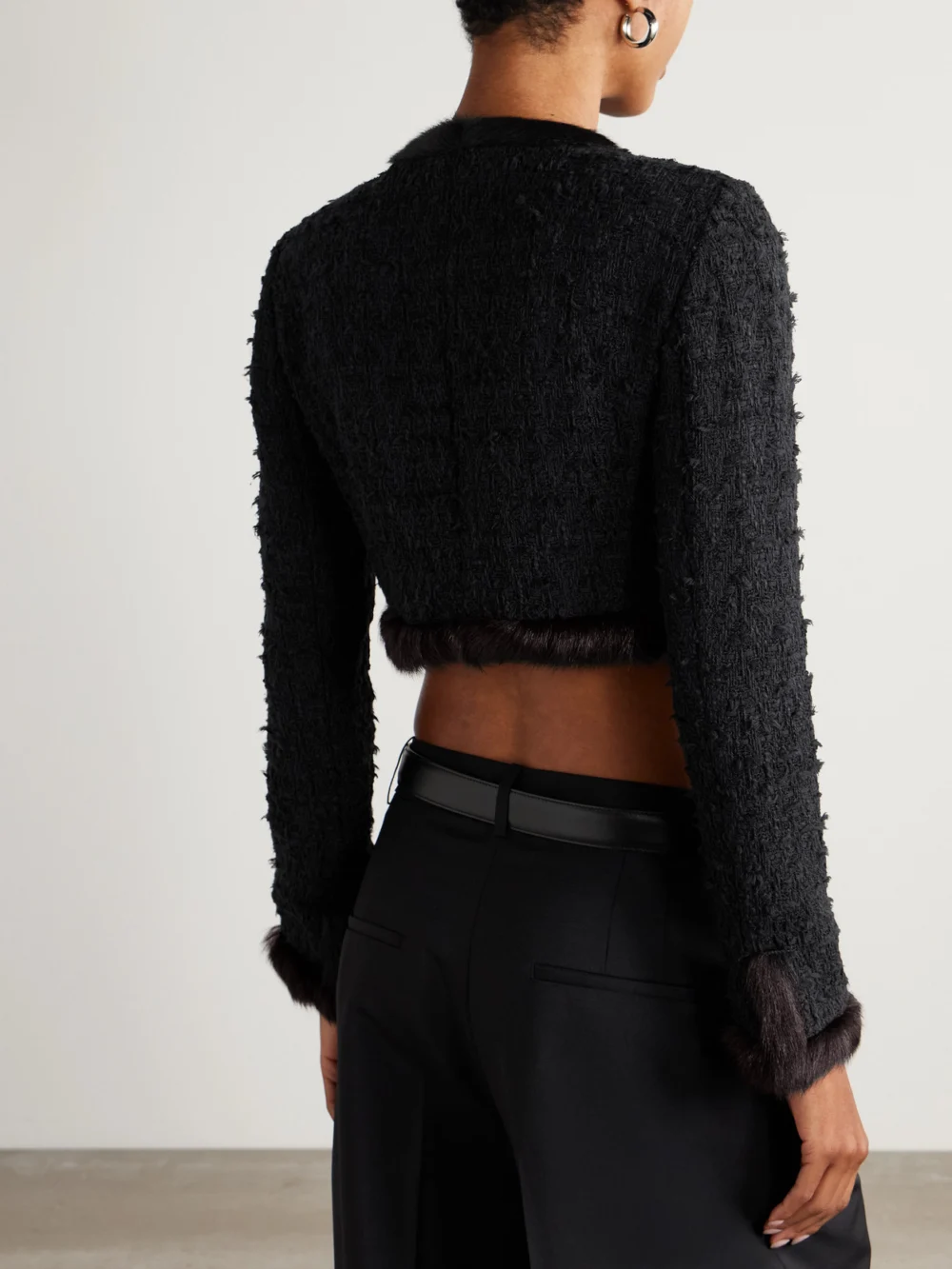 Back view of the Dolce & Gabbana Cropped Shearling-trimmed Cotton-blend Tweed Jacket