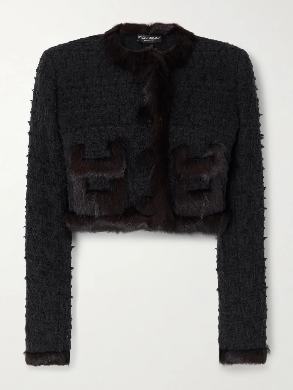 Dolce & Gabbana Cropped Shearling-trimmed Cotton-blend Tweed Jacket in black