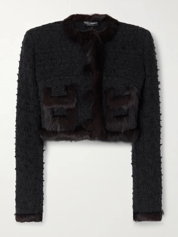 Dolce & Gabbana Cropped Shearling-trimmed Cotton-blend Tweed Jacket