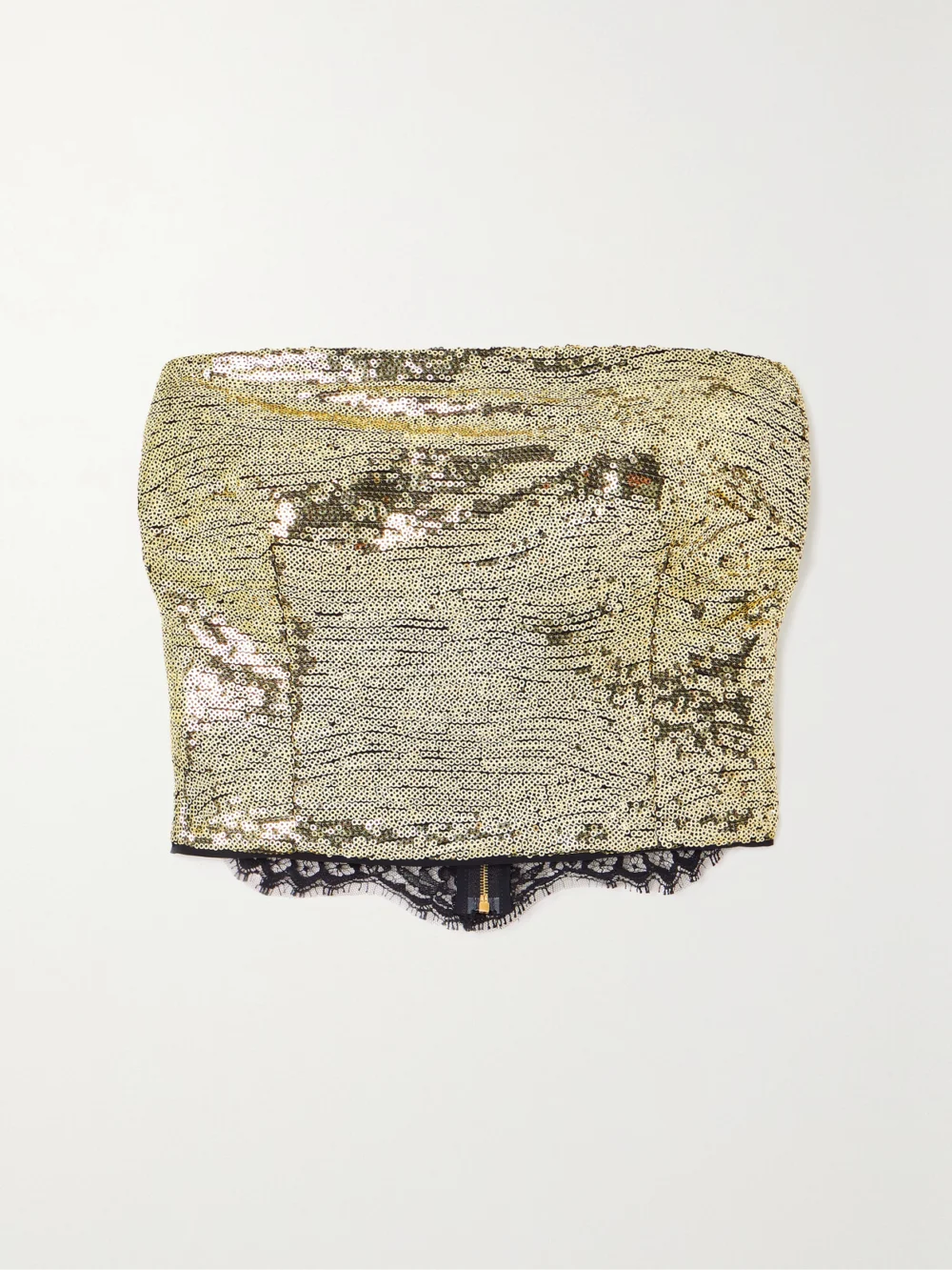 Dolce & Gabbana Cropped Strapless Lace and Sequined Tulle Bustier Top in gold