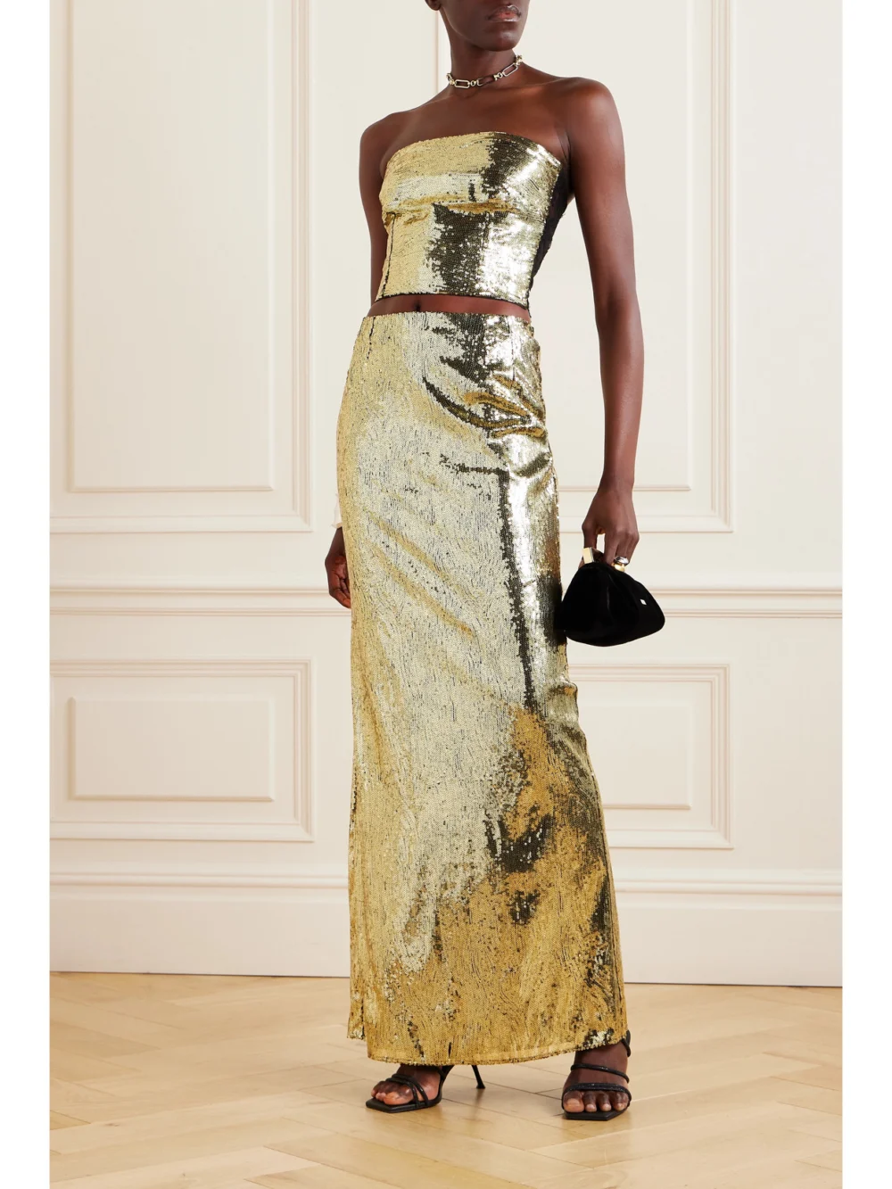 Dolce & Gabbana Cropped Strapless Lace and Sequined Tulle Bustier Top, worn by a model