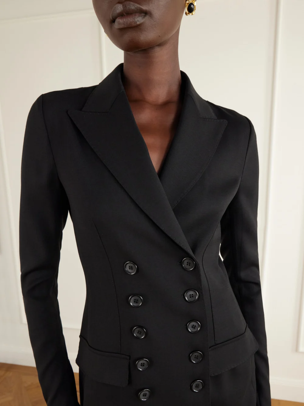 Close-up detail of the Dolce & Gabbana Double-breasted Grain De Poudre Stretch-wool Blazer