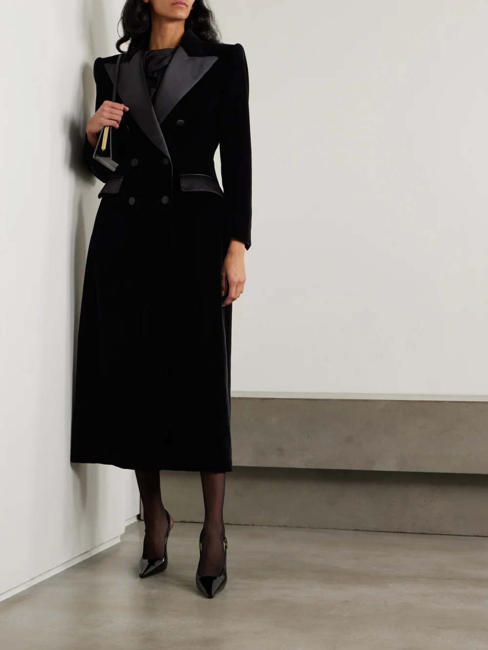 Dolce & Gabbana Double-breasted Satin-trimmed Velvet Coat, worn by a model