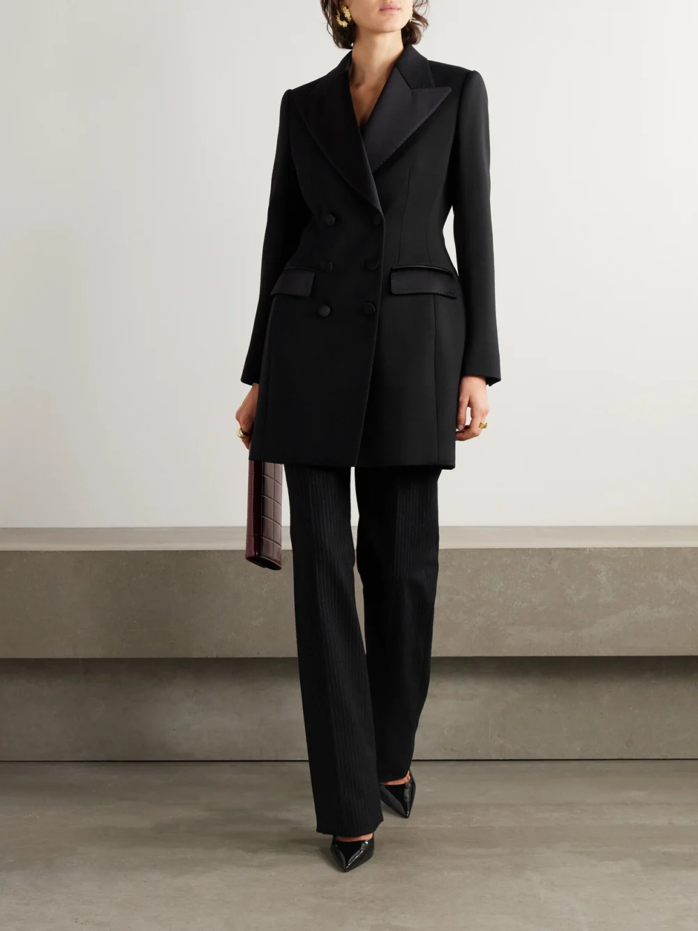 Dolce & Gabbana Double-breasted Silk-blend Satin-trimmed Wool-blend Twill Coat, worn by a model