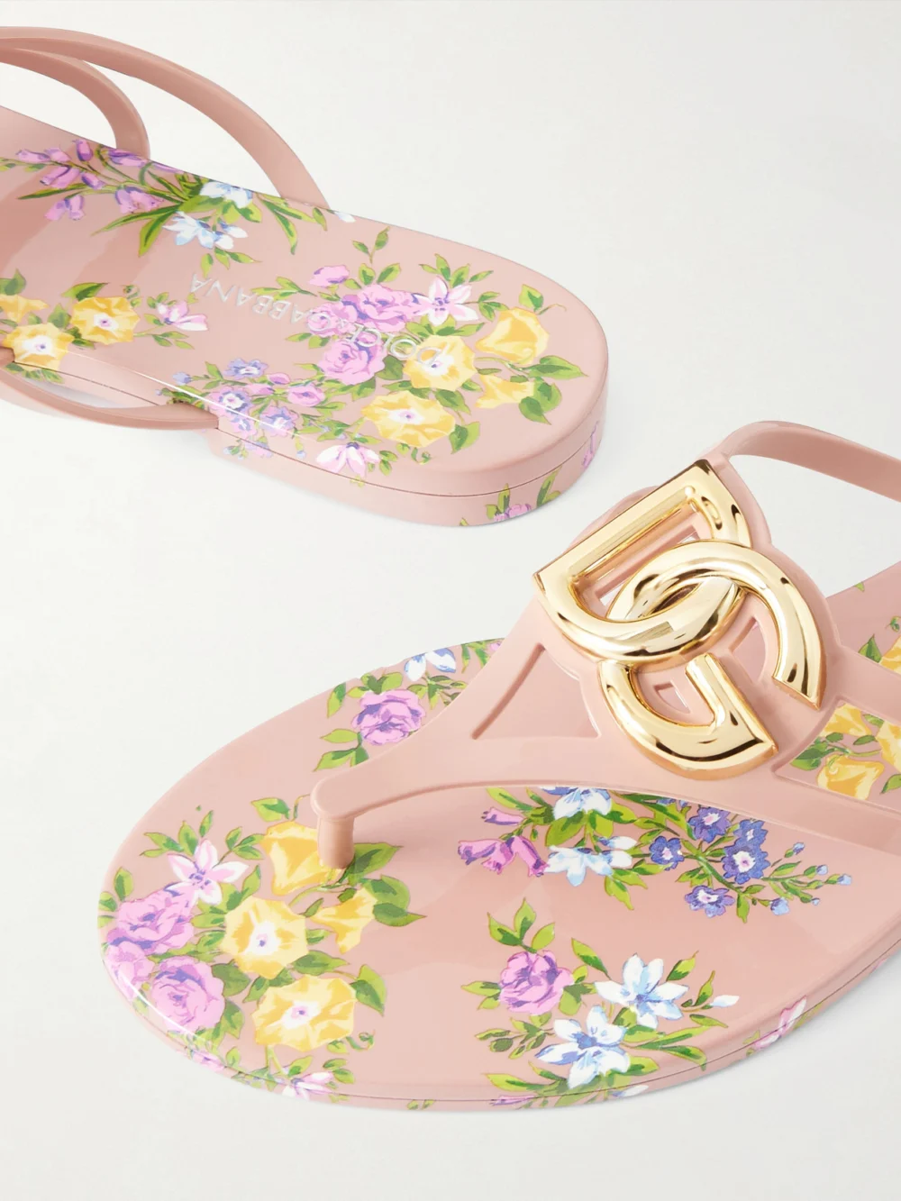 Close-up detail of the Dolce & Gabbana Embellished Floral-print Rubber Flip Flops