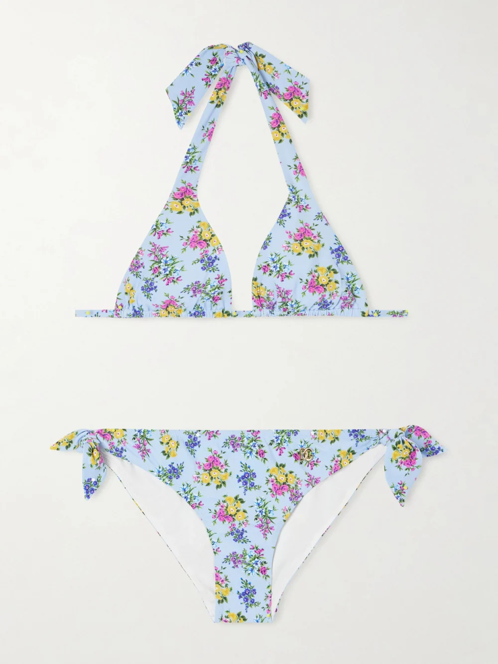Dolce & Gabbana Embellished Floral-print Triangle Bikini in light blue