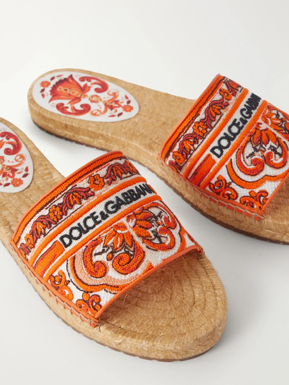 Close-up detail of the Dolce & Gabbana Embroidered Leather-trimmed Espadrille Sandals