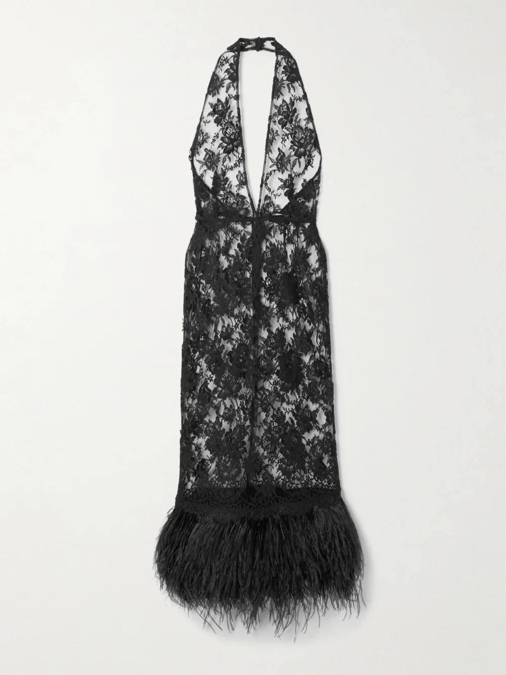 Dolce & Gabbana Feather-trimmed Cotton-blend Lace Halterneck Dress in black
