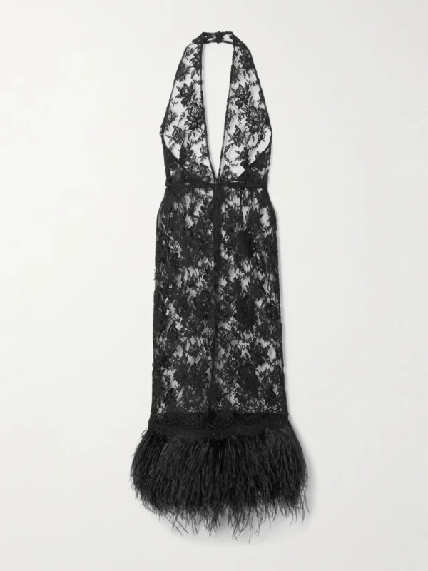 Dolce & Gabbana Feather-trimmed Cotton-blend Lace Halterneck Dress