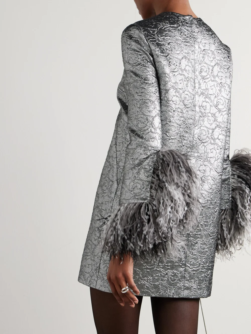 Back view of the Dolce & Gabbana Feather-trimmed Metallic Jacquard Mini Dress