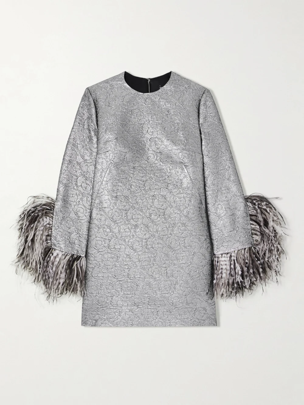 Dolce & Gabbana Feather-trimmed Metallic Jacquard Mini Dress in silver
