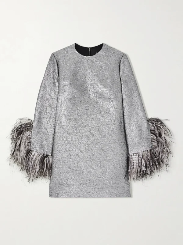 Dolce & Gabbana Feather-trimmed Metallic Jacquard Mini Dress