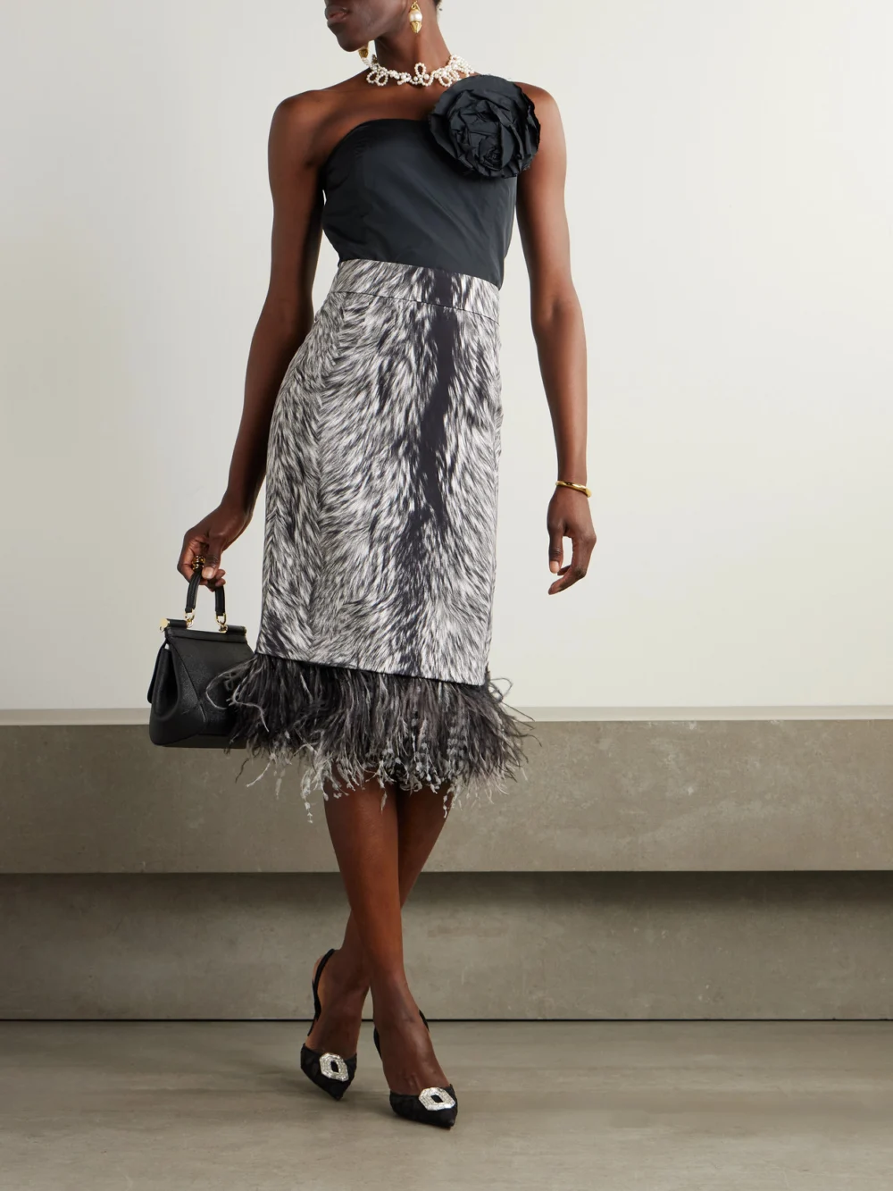 Dolce & Gabbana Feather-trimmed Printed Stretch-silk Charmeuse Skirt, worn by a model