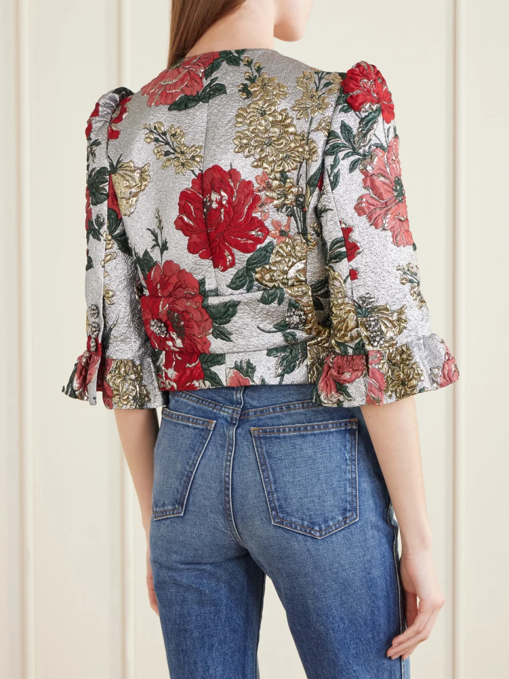 Back view of the Dolce & Gabbana Floral-embroidered Jacquard-lamé Jacket