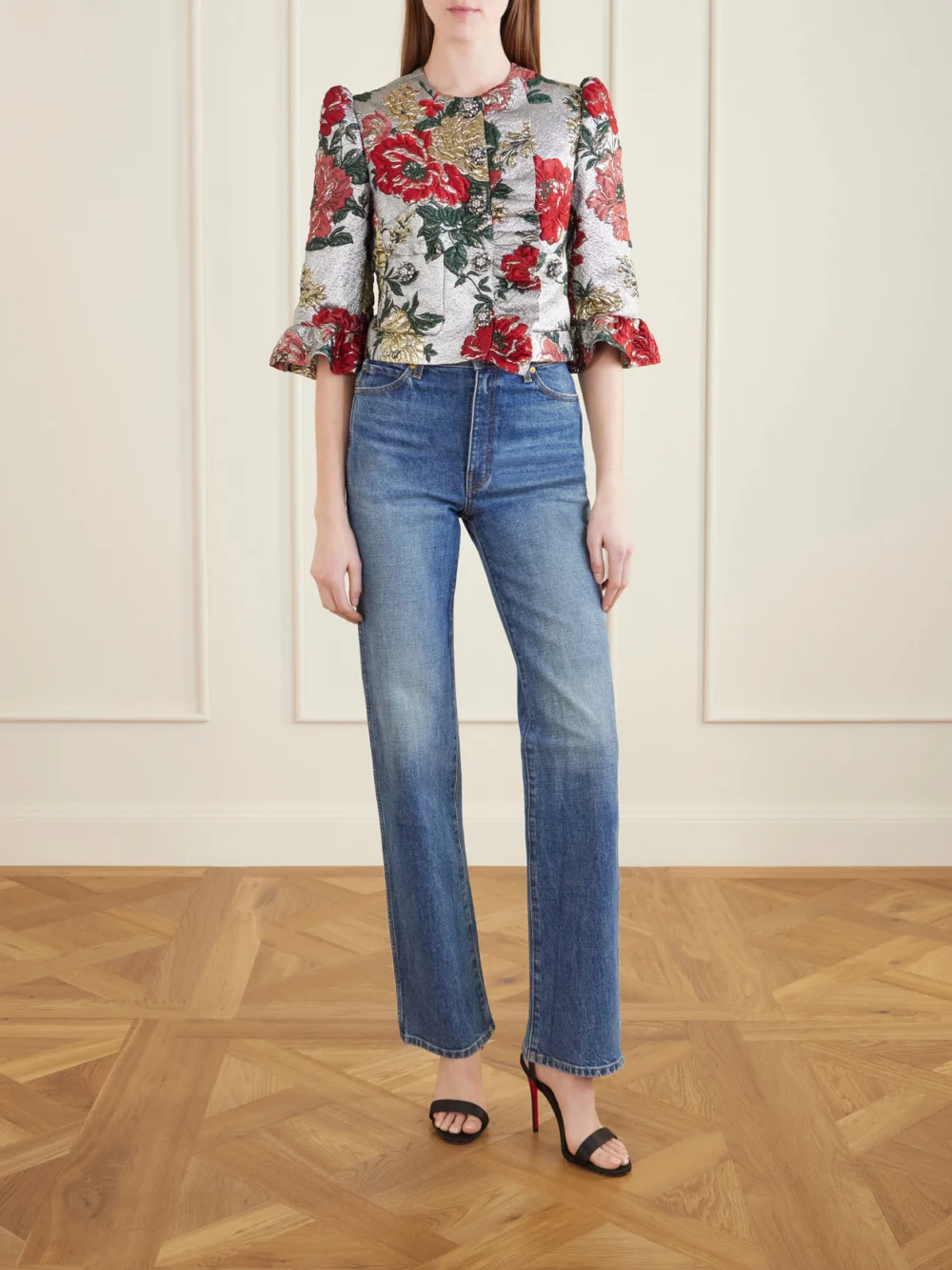 Dolce & Gabbana Floral-embroidered Jacquard-lamé Jacket, worn by a model