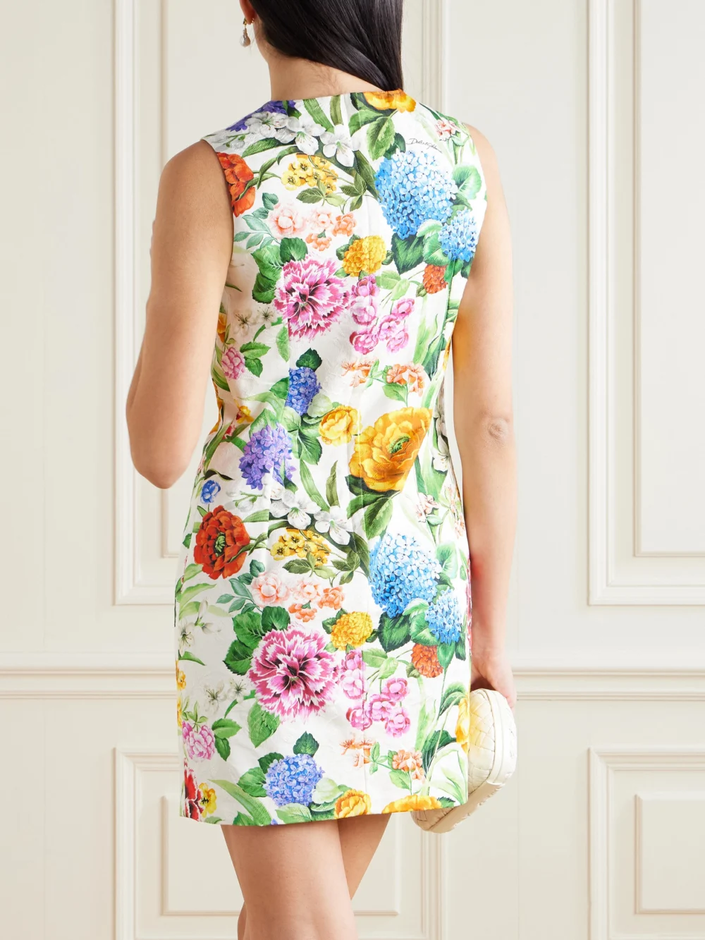 Back view of the Dolce & Gabbana Floral-print Cotton-blend Jacquard Mini Dress