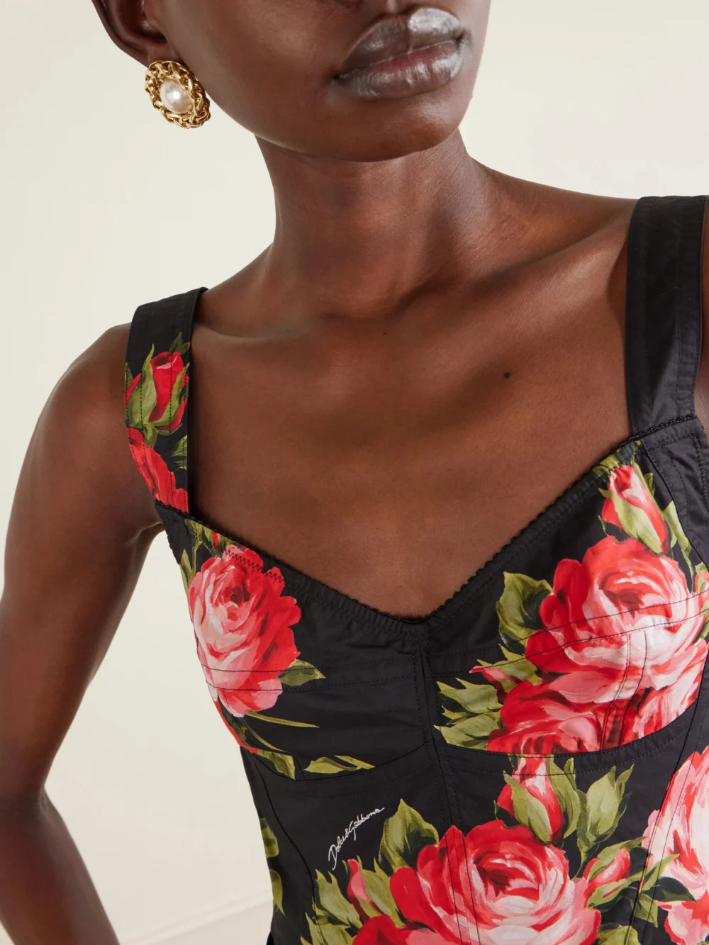 Close-up detail of the Dolce & Gabbana Floral-print Cotton-blend Poplin Bustier Top
