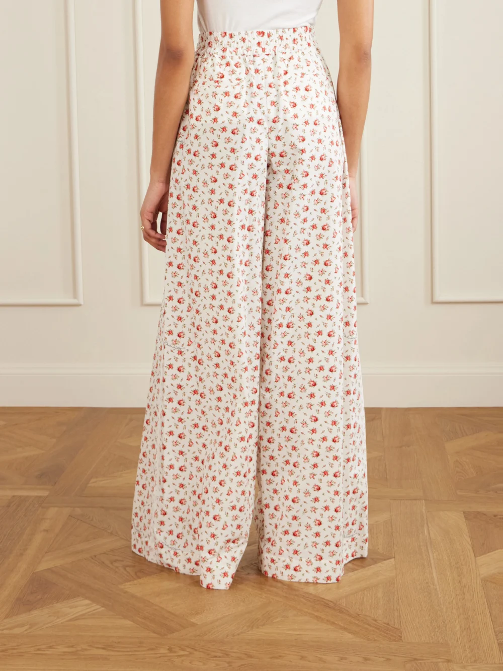 Back view of the Dolce & Gabbana Floral-print Cotton-blend Poplin High-rise Wide-leg Pants