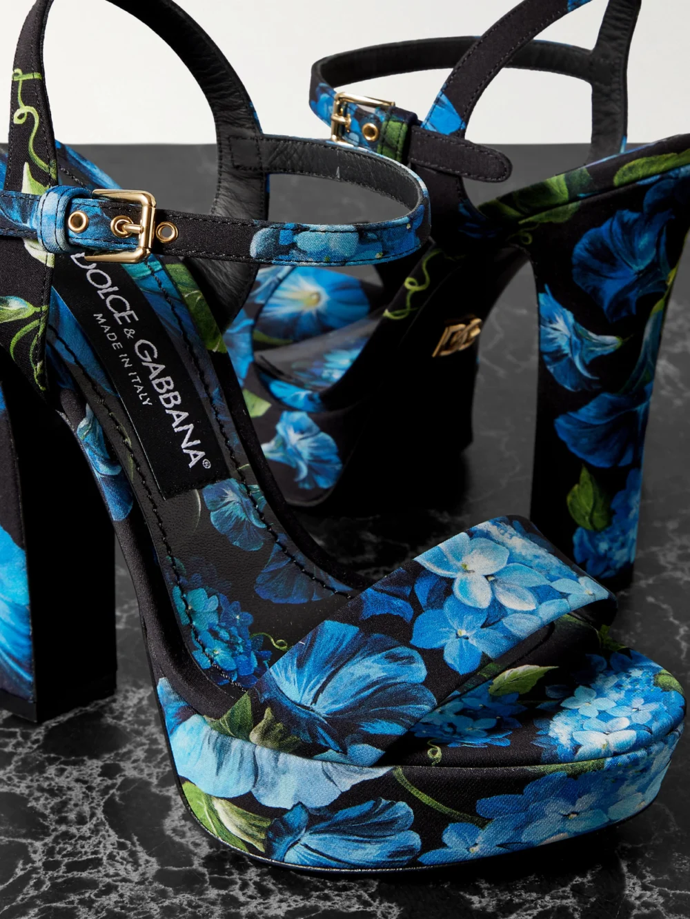 Close-up detail of the Dolce & Gabbana Floral-print Crepe Platform Sandals