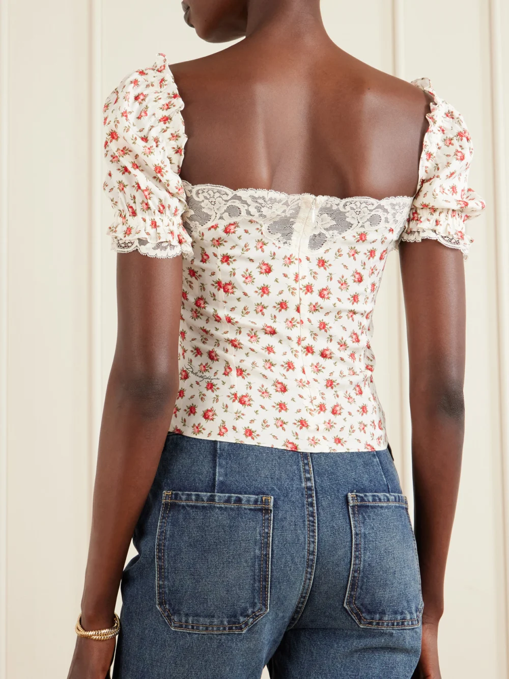 Back view of the Dolce & Gabbana Floral-print Lace-trimmed Silk-blend Blouse
