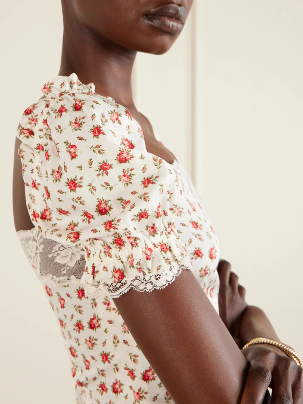 Close-up detail of the Dolce & Gabbana Floral-print Lace-trimmed Silk-blend Blouse