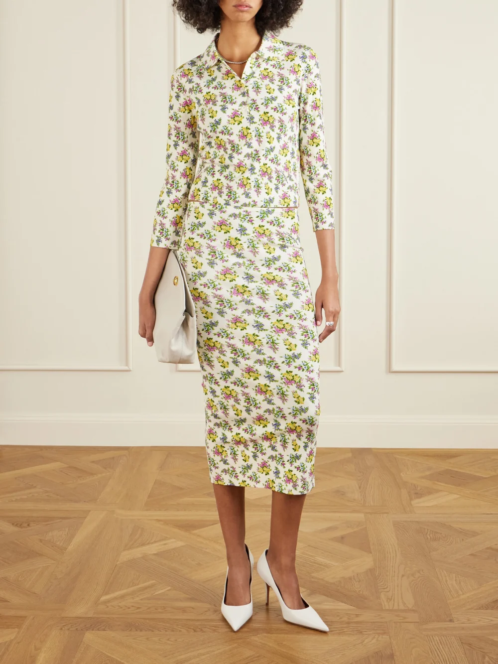 Dolce & Gabbana Floral-print Ribbed-knit Midi Skirt, worn by a model