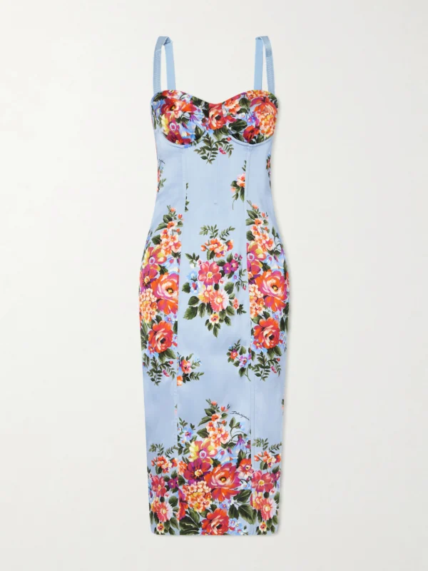 Dolce & Gabbana Floral-print Satin Bustier Midi Dress