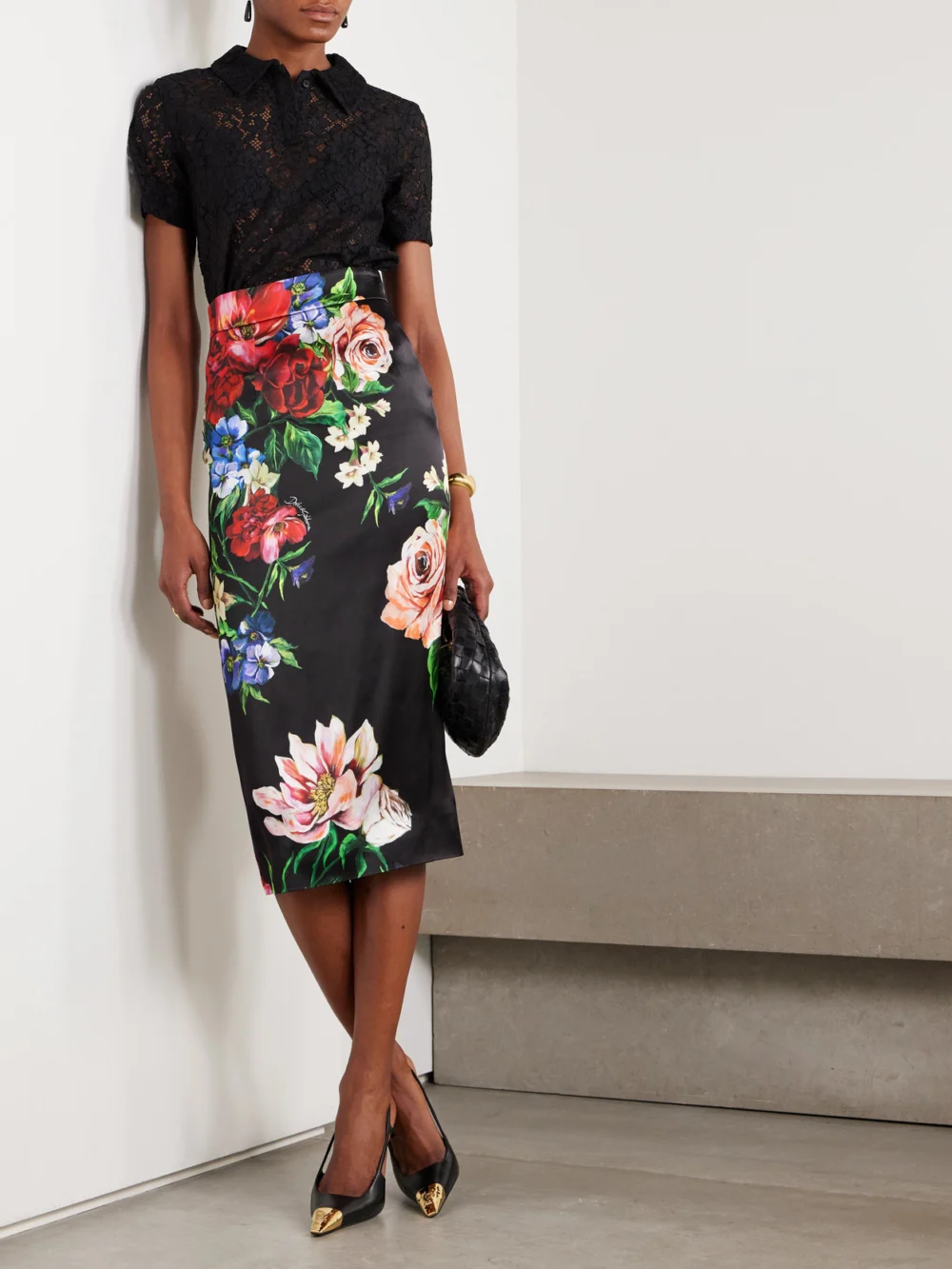 Dolce & Gabbana Floral-print Satin Midi Skirt, worn by a model