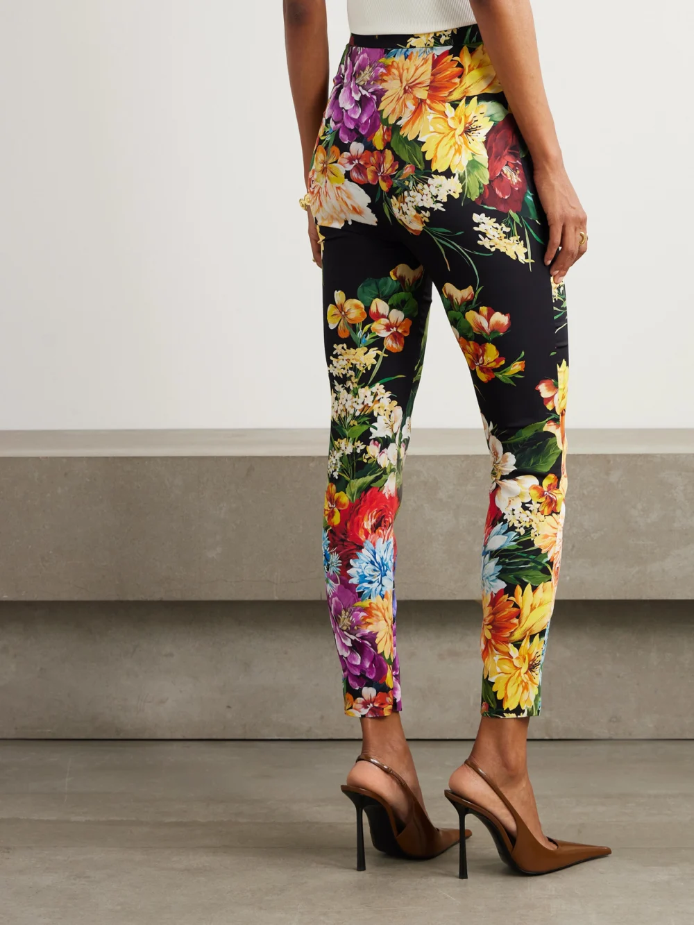 Back view of the Dolce & Gabbana Floral-print Silk-blend Charmeuse Skinny Pants