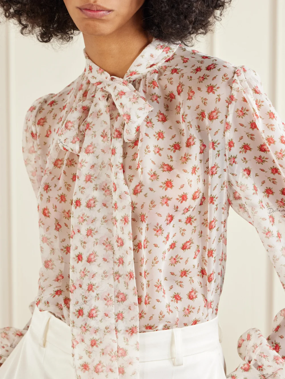 Close-up detail of the Dolce & Gabbana Floral-print Silk-blend Chiffon Blouse
