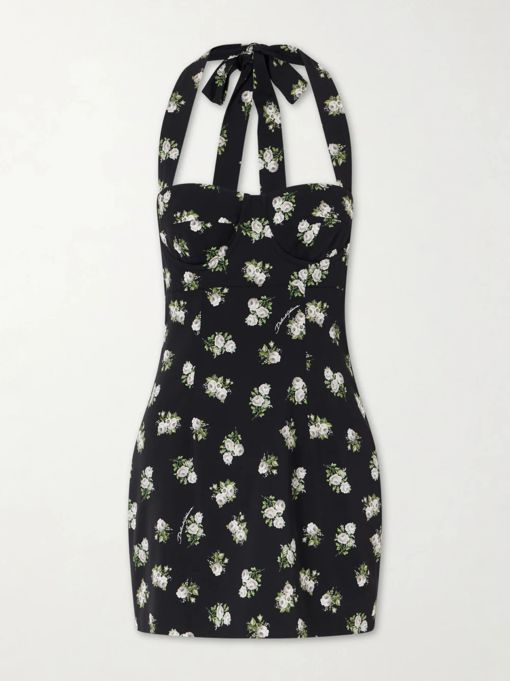Dolce & Gabbana Floral-print Silk-blend Halterneck Mini Dress in black